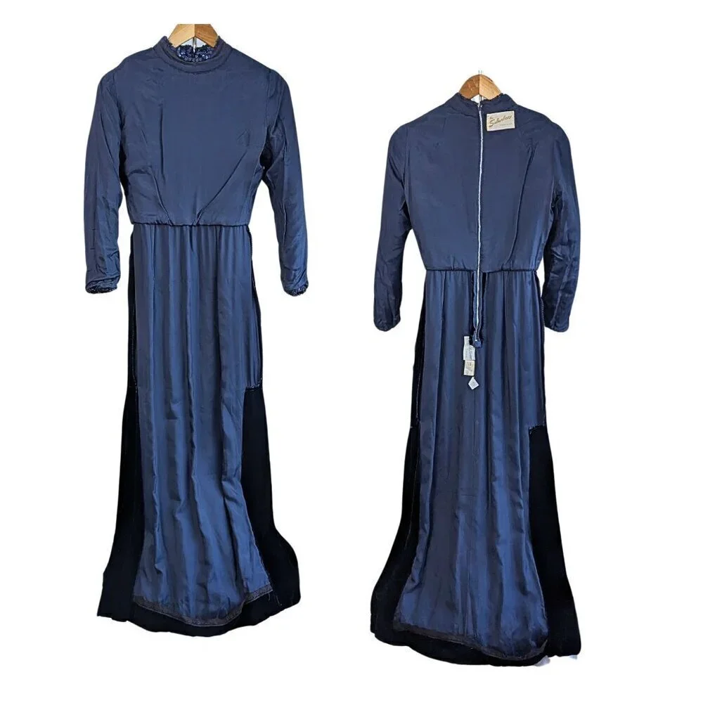 Vintage 60s Country Miss THE SUBURBAN Blue Sequin Velvet Blocked Evening Dress S